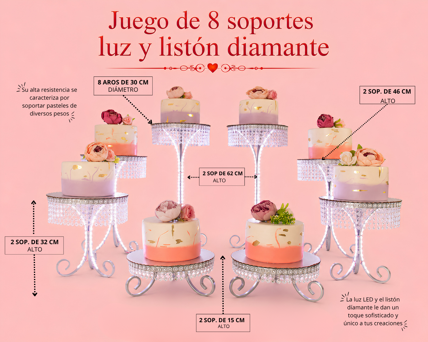 Juego de 8 soportes luz y listón diamante